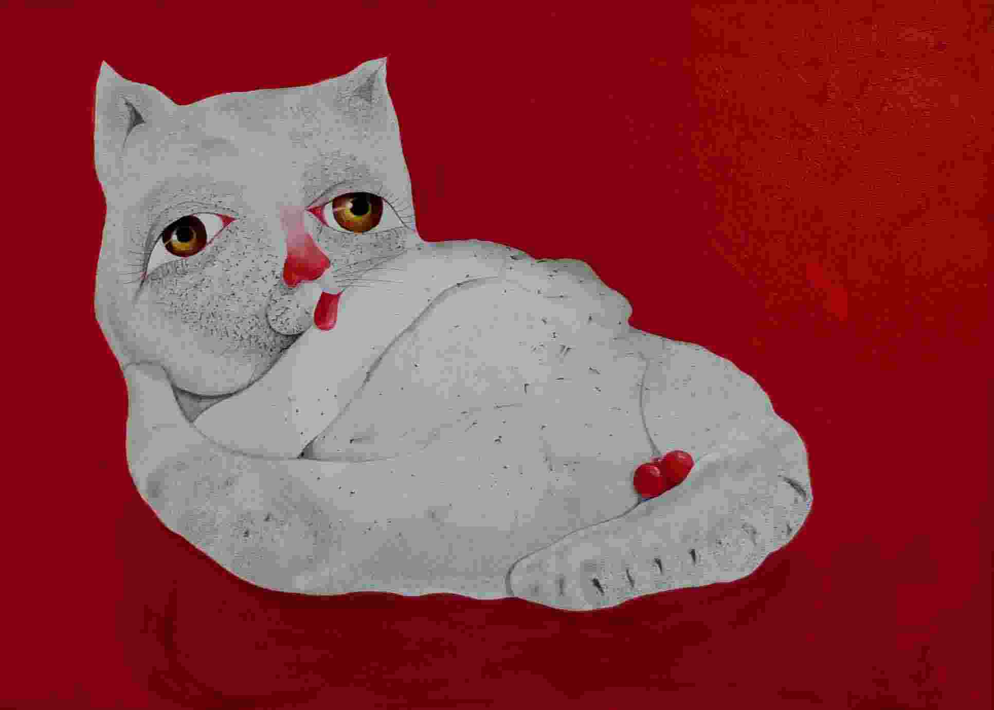 White Cat on Red Mat